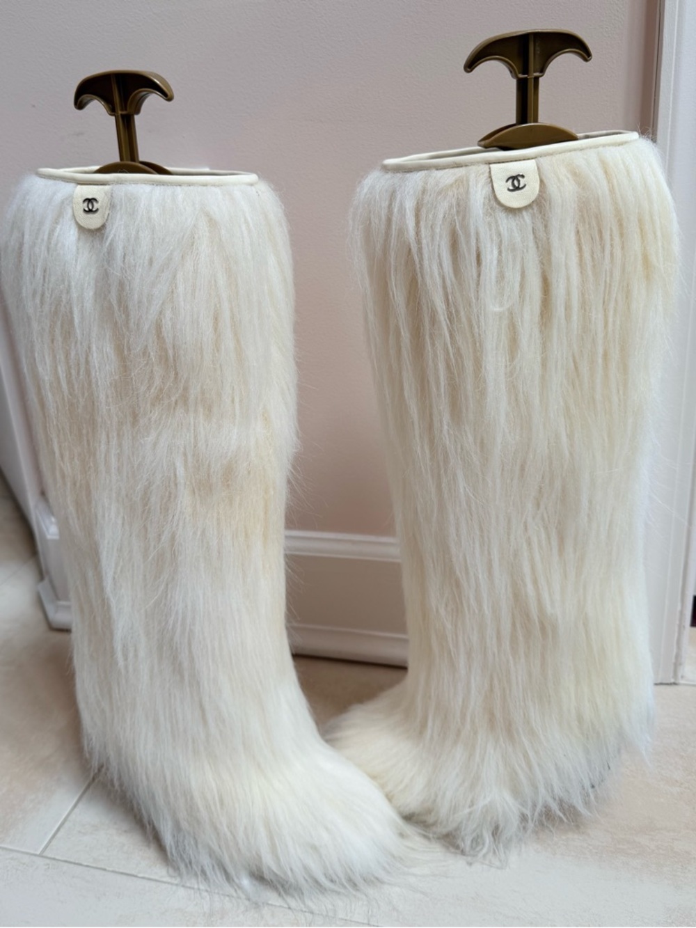CHANEL Cream Faux Fur Tall Boot Covers with CC Medallion